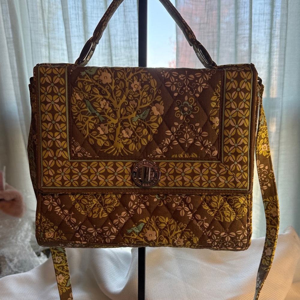 Vera Bradley Night and Day Quilted Cotton Crossbody Satchel Bag Brown Green Bird